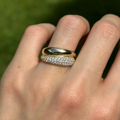 Estate 14KT Yellow Gold Domed Diamond Pave Wide Band Ring - LSJ