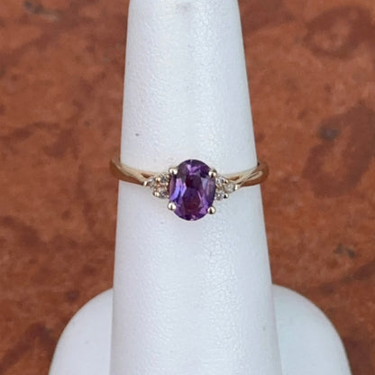 Estate 14K Yellow Gold Oval Purple Amethyst + Round Diamond Accent Ring