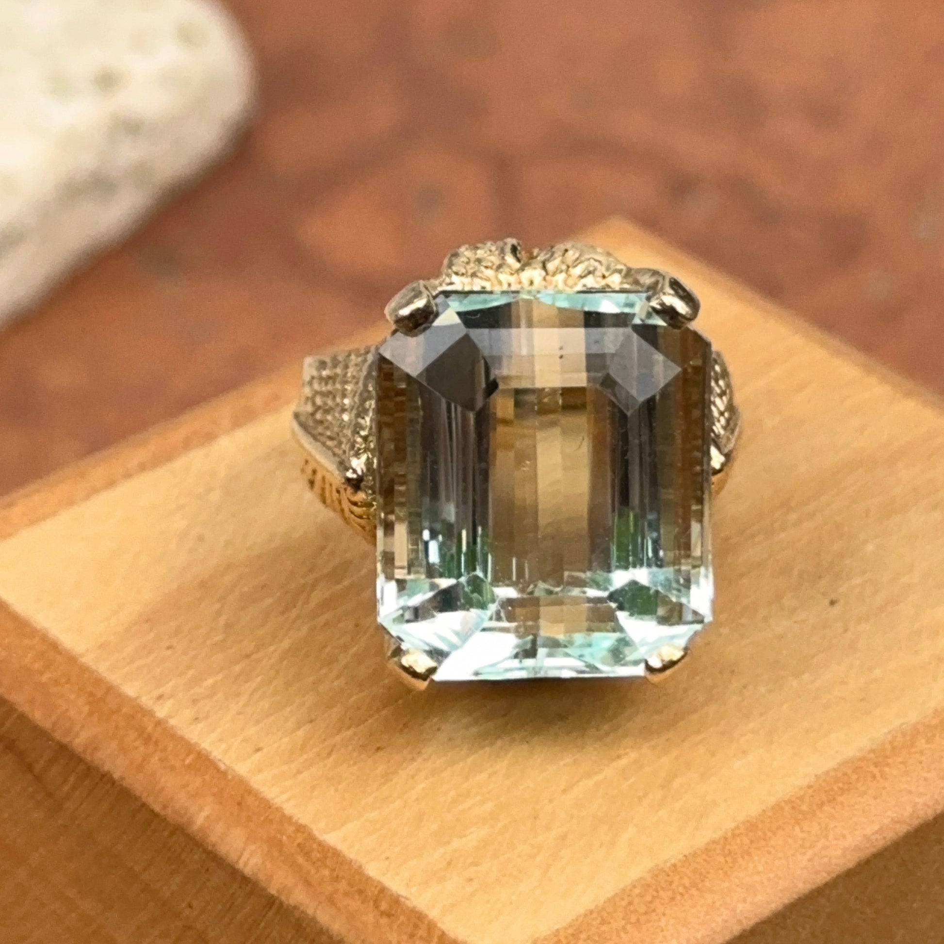 Estate Mid Century 14KT Yellow Gold Emerald-Cut Aquamarine Ring - LSJ