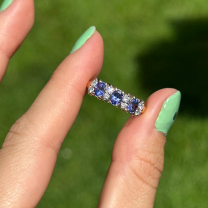 Estate 14KT Yellow Gold Oval Tanzanite + Diamond Band Ring