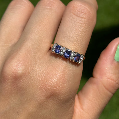 Estate 14KT Yellow Gold Oval Tanzanite + Diamond Band Ring