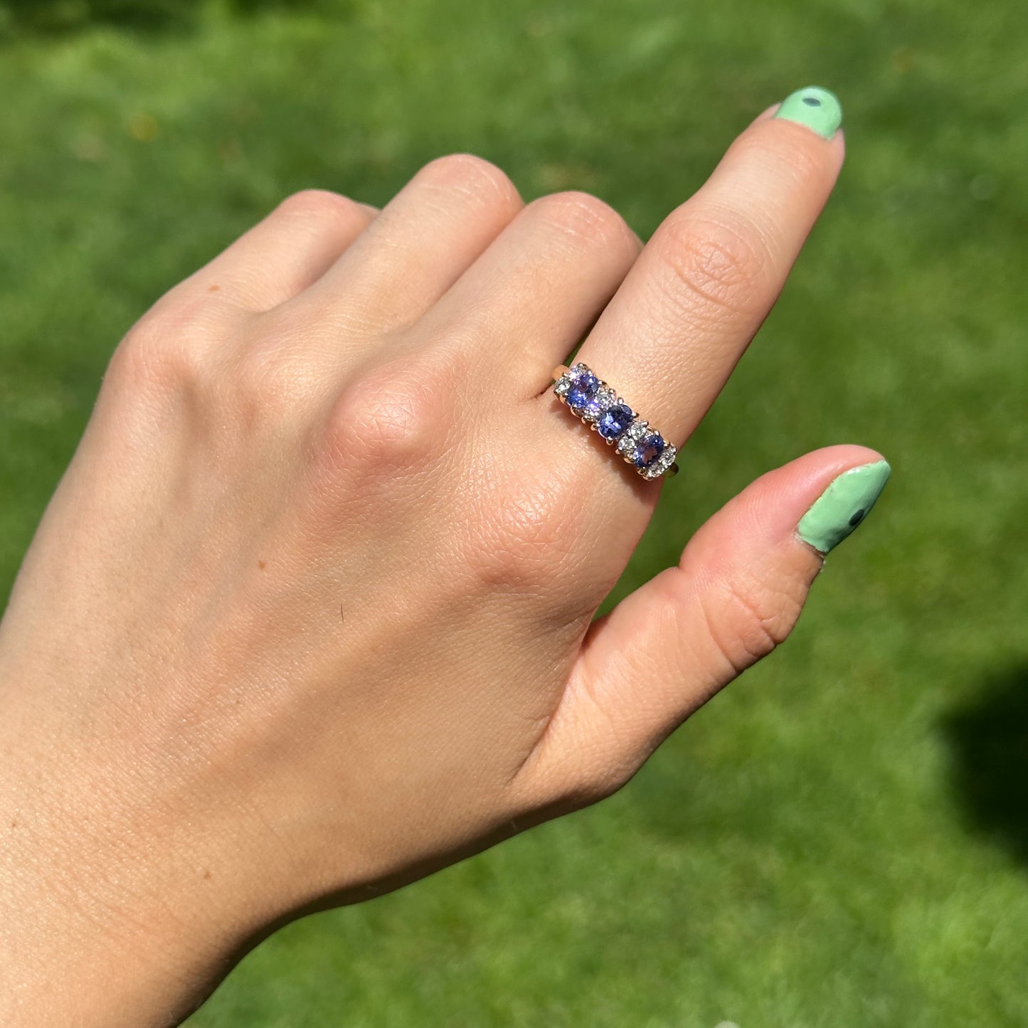 Estate 14KT Yellow Gold Oval Tanzanite + Diamond Band Ring