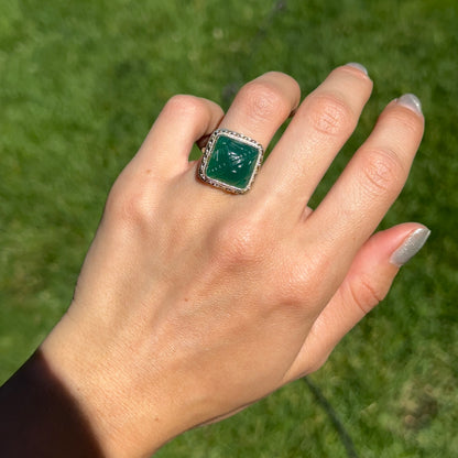 Estate 14KT Yellow Gold Carved Green Onyx Bezel Ring
