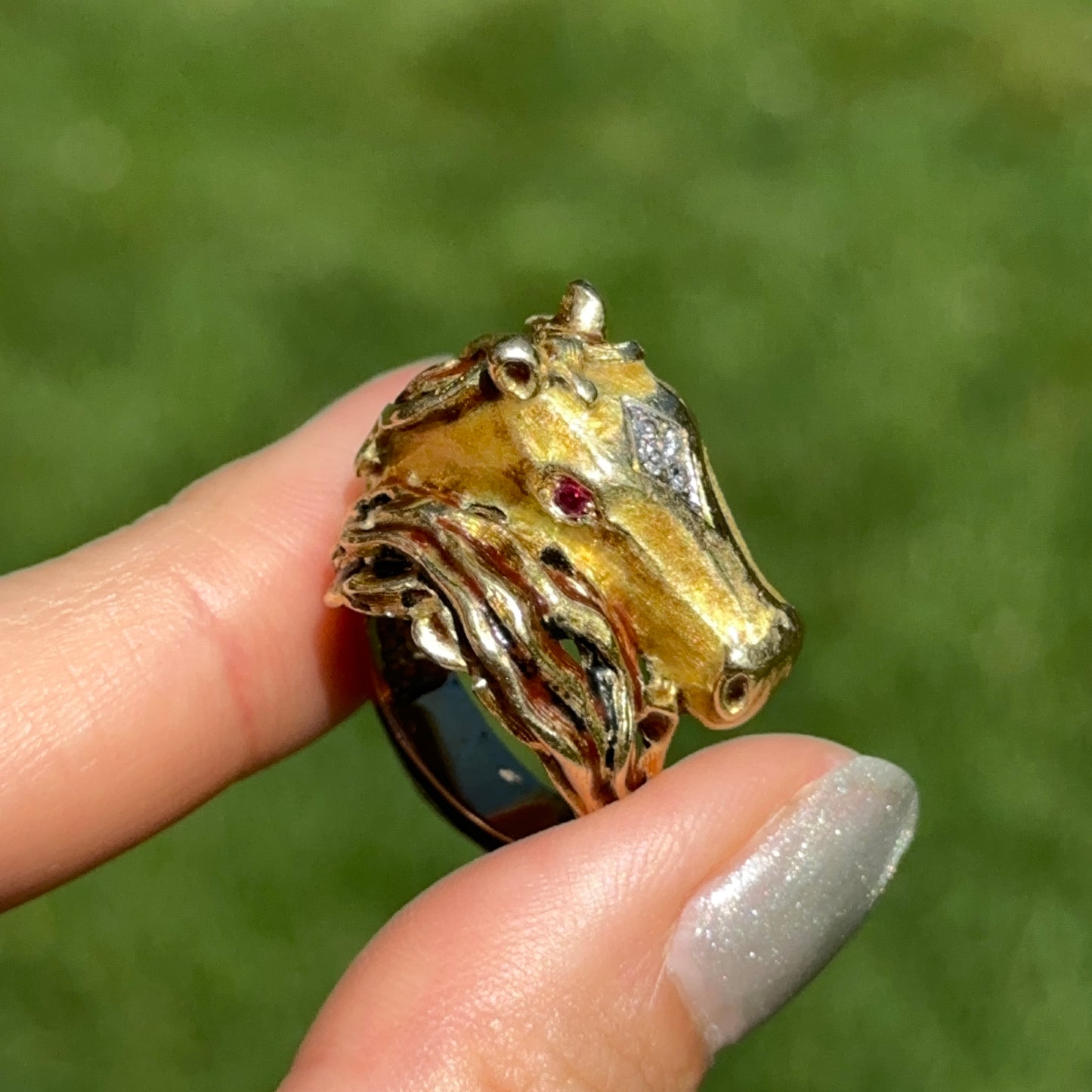 Estate 18KT Yellow Gold Diamond + Ruby Statement Horse Head Ring