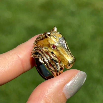 Estate 18KT Yellow Gold Diamond + Ruby Statement Horse Head Ring