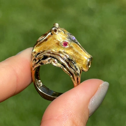 Estate 18KT Yellow Gold Diamond + Ruby Statement Horse Head Ring