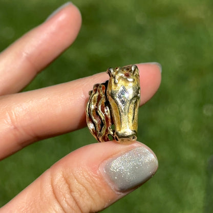 Estate 18KT Yellow Gold Diamond + Ruby Statement Horse Head Ring