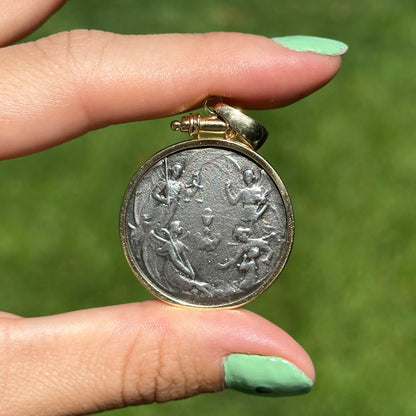 14KT Yellow Gold and Sterling Silver 4 Archangels Coin Bezel Pendant