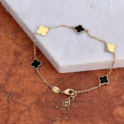 14KT Yellow Gold 7mm Black Onyx + Gold 4 Leaf Clover Charm Chain Bracelet