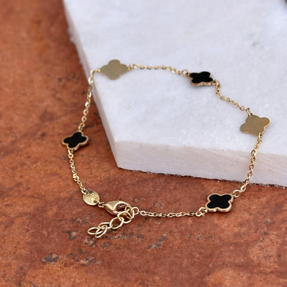 14KT Yellow Gold 7mm Black Onyx + Gold 4 Leaf Clover Charm Chain Bracelet