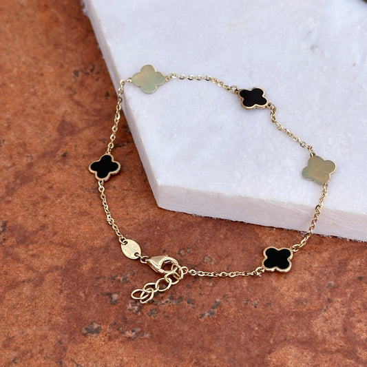 14KT Yellow Gold 7mm Black Onyx + Gold 4 Leaf Clover Charm Chain Bracelet