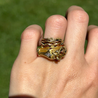 Estate 18KT Yellow Gold Diamond + Ruby Statement Horse Head Ring