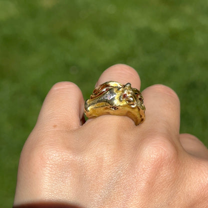 Estate 18KT Yellow Gold Diamond + Ruby Statement Horse Head Ring
