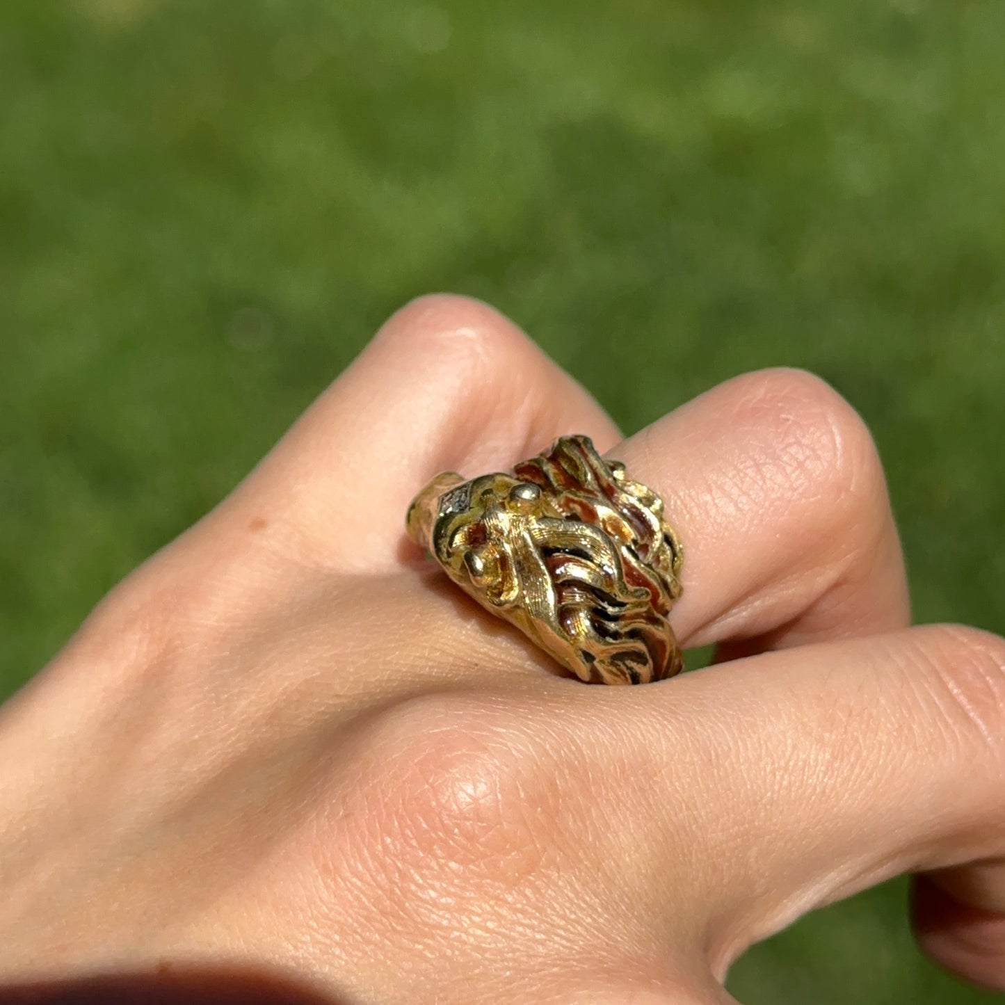 Estate 18KT Yellow Gold Diamond + Ruby Statement Horse Head Ring
