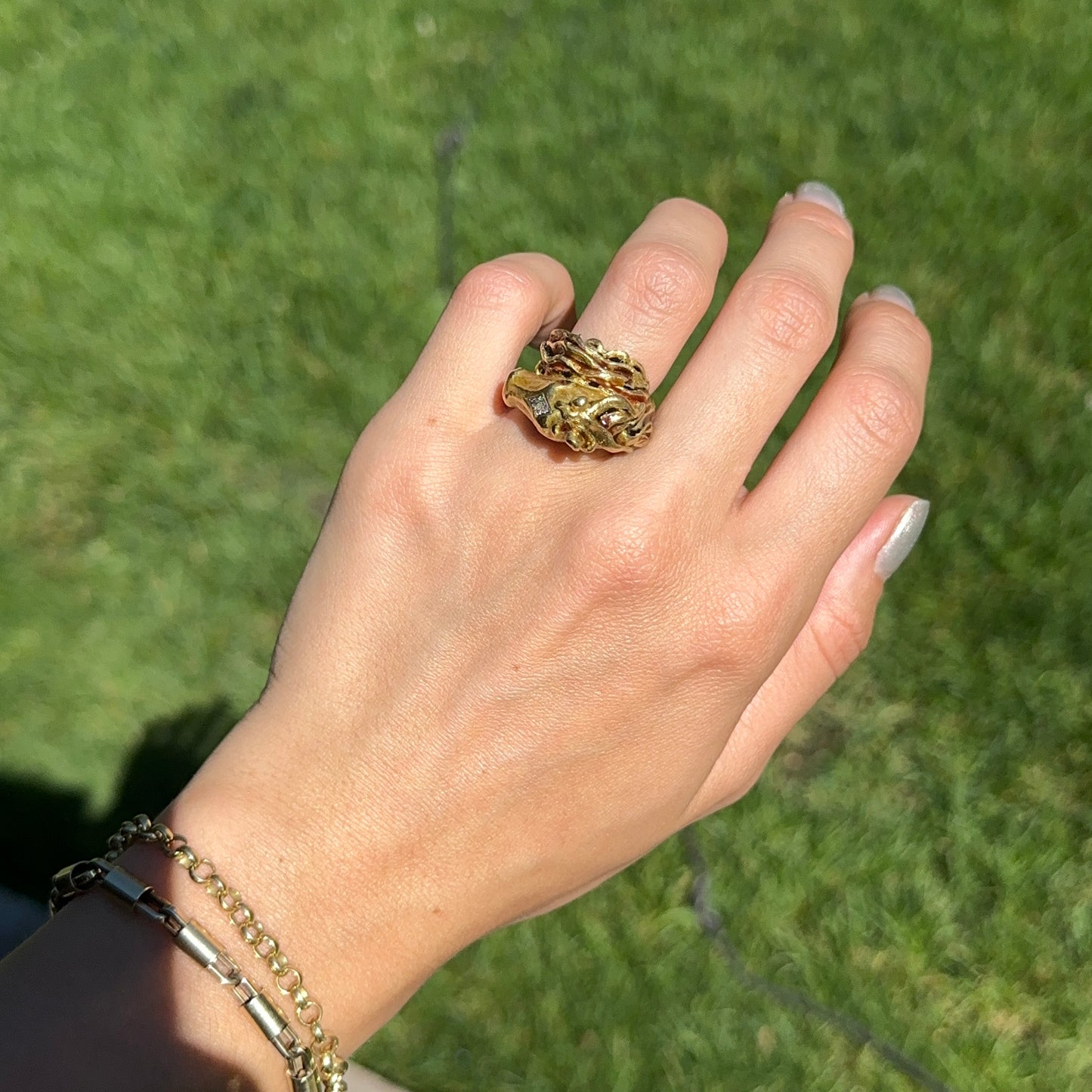 Estate 18KT Yellow Gold Diamond + Ruby Statement Horse Head Ring