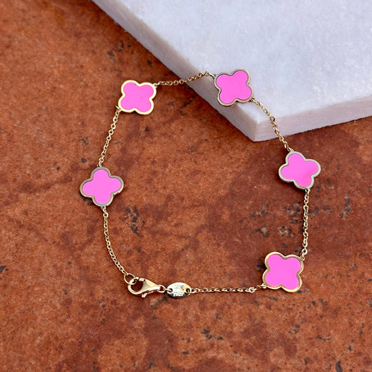 14KT Yellow Gold 10mm Pink Enamel 4 Leaf Clover Charm Chain Bracelet