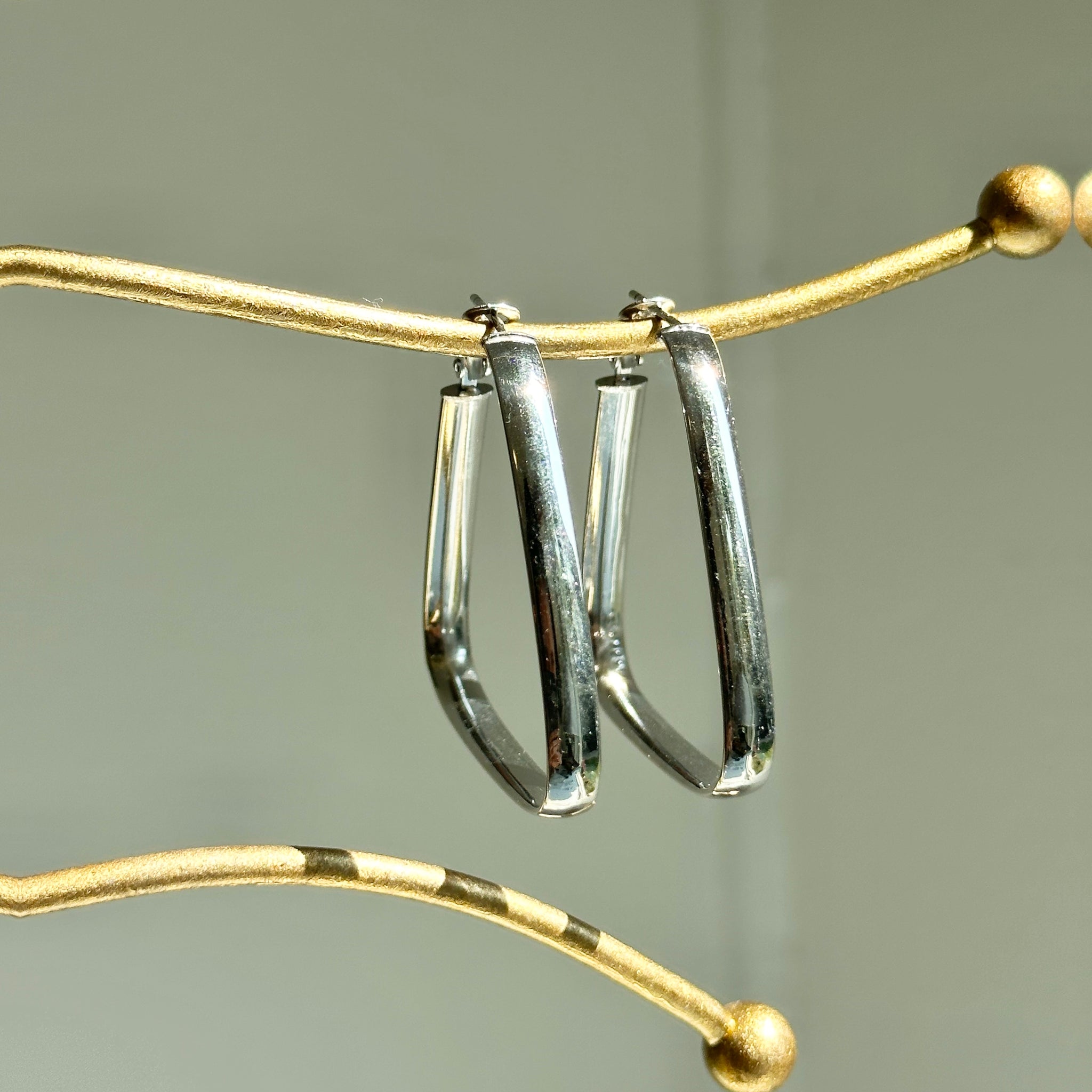 14KT White Gold Triangle Hoop Omega Back Earrings 40mm – LSJ