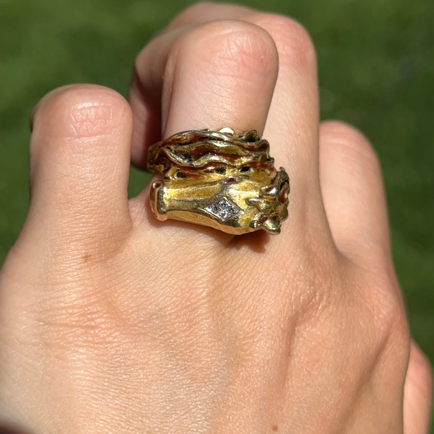 Estate 18KT Yellow Gold Diamond + Ruby Statement Horse Head Ring