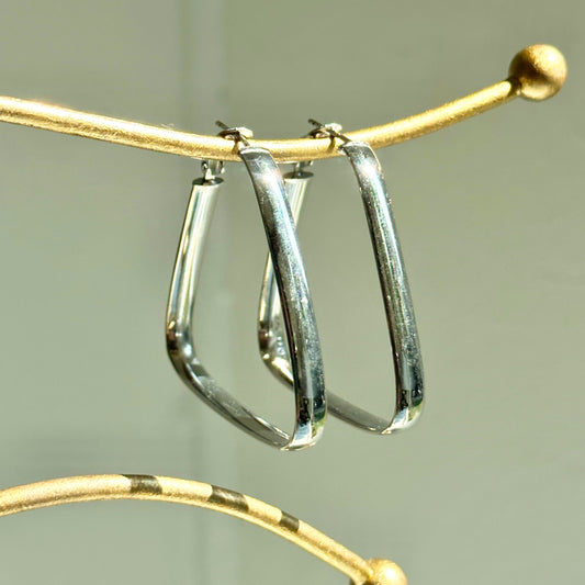 14KT White Gold Triangle Hoop Omega Back Earrings 40mm