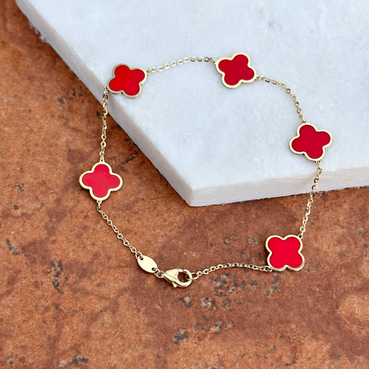 14KT Yellow Gold Red Enamel 10mm 4 Leaf Clover Charm Chain Bracelet