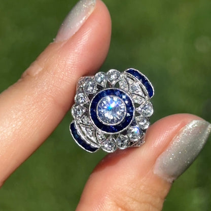 Platinum Art Deco Round Diamond + Blue Sapphire Ring