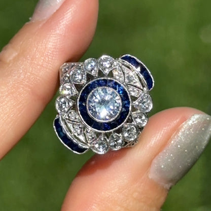 Platinum Art Deco Round Diamond + Blue Sapphire Ring
