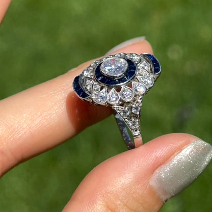 Platinum Art Deco Round Diamond + Blue Sapphire Ring
