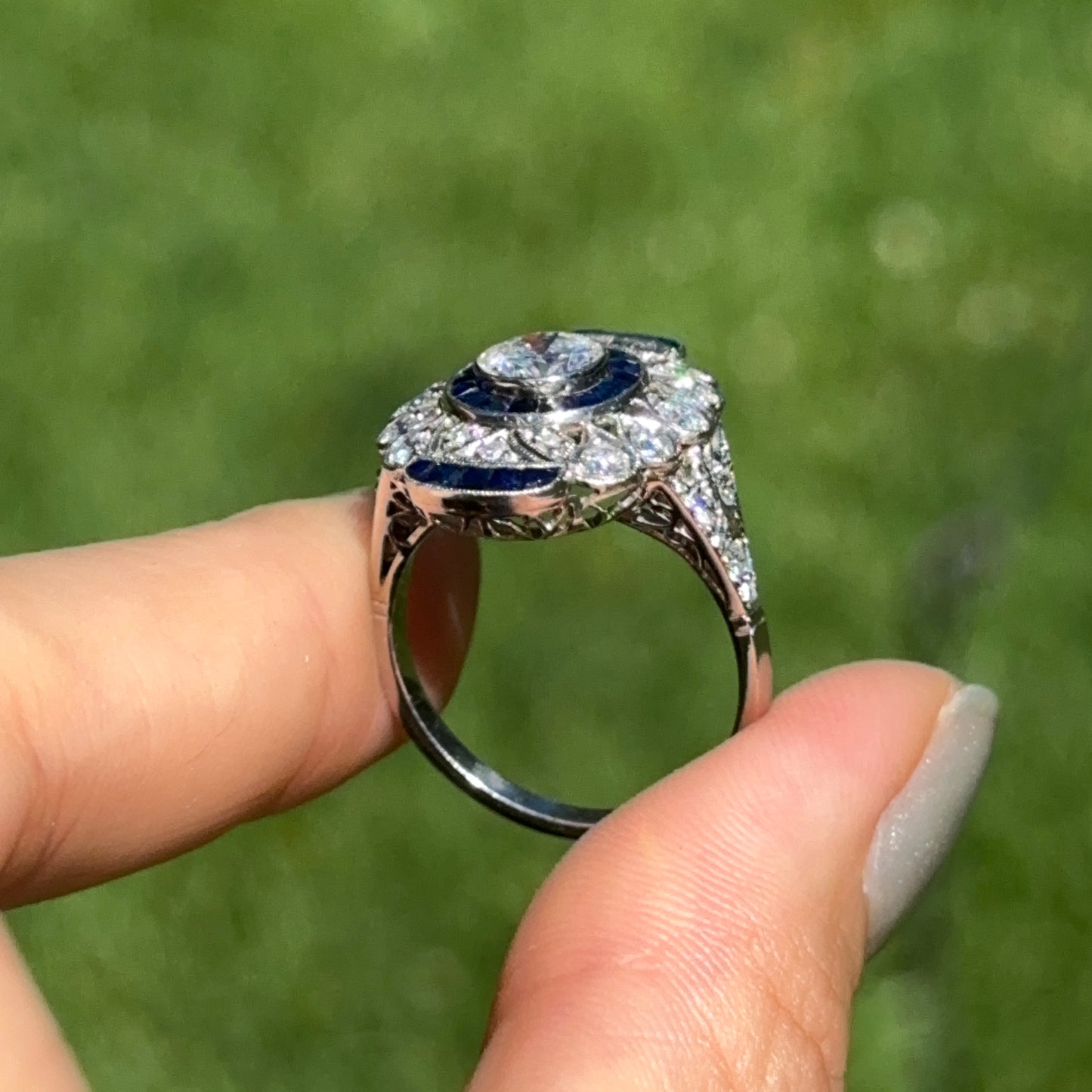 Platinum Art Deco Round Diamond + Blue Sapphire Ring