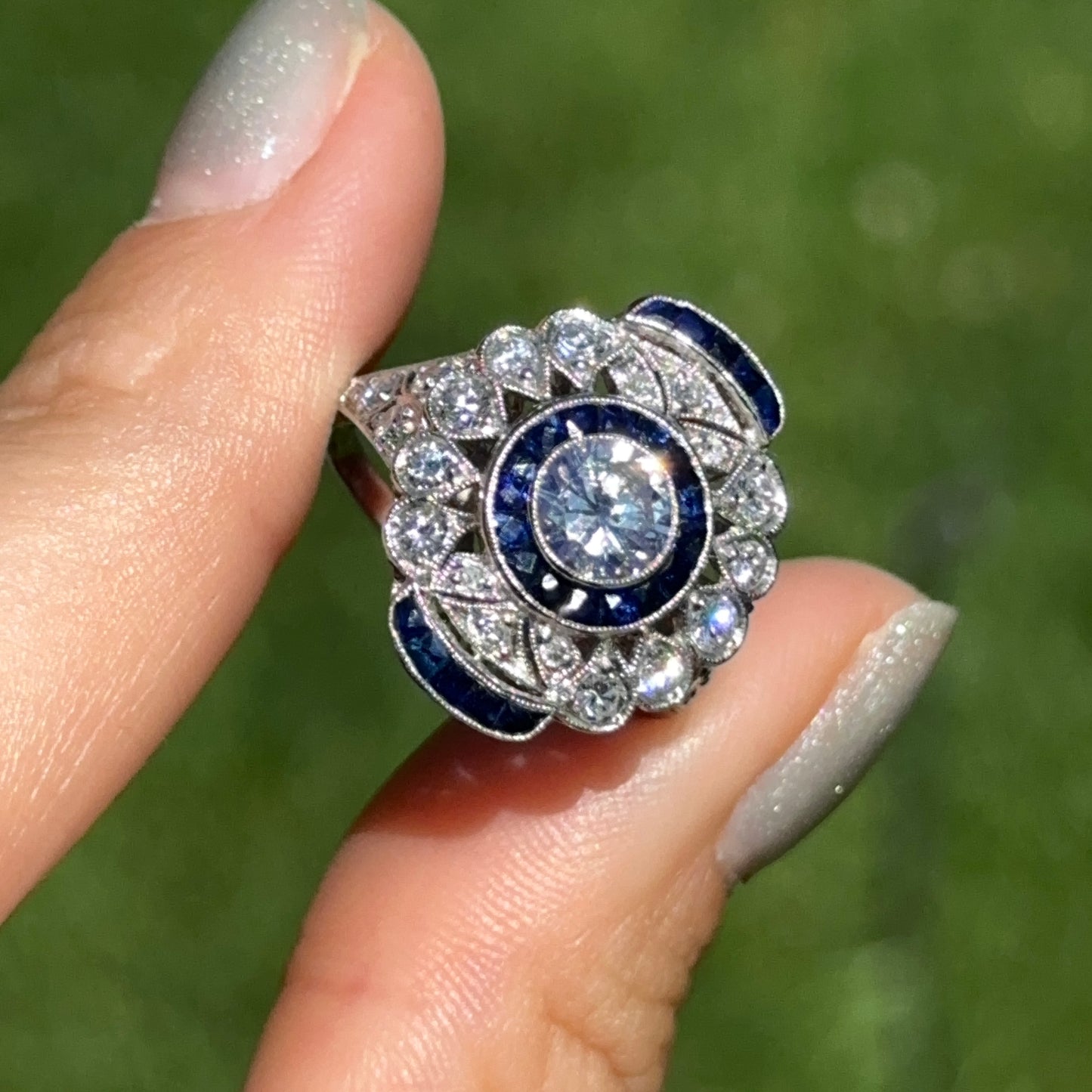 Platinum Art Deco Round Diamond + Blue Sapphire Ring