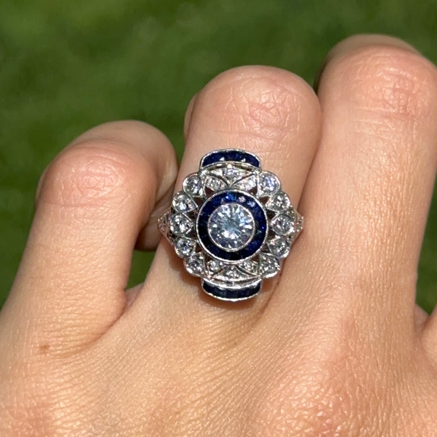 Platinum Art Deco Round Diamond + Blue Sapphire Ring