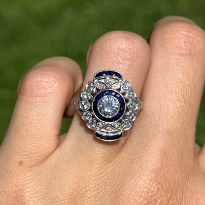 Platinum Art Deco Round Diamond + Blue Sapphire Ring