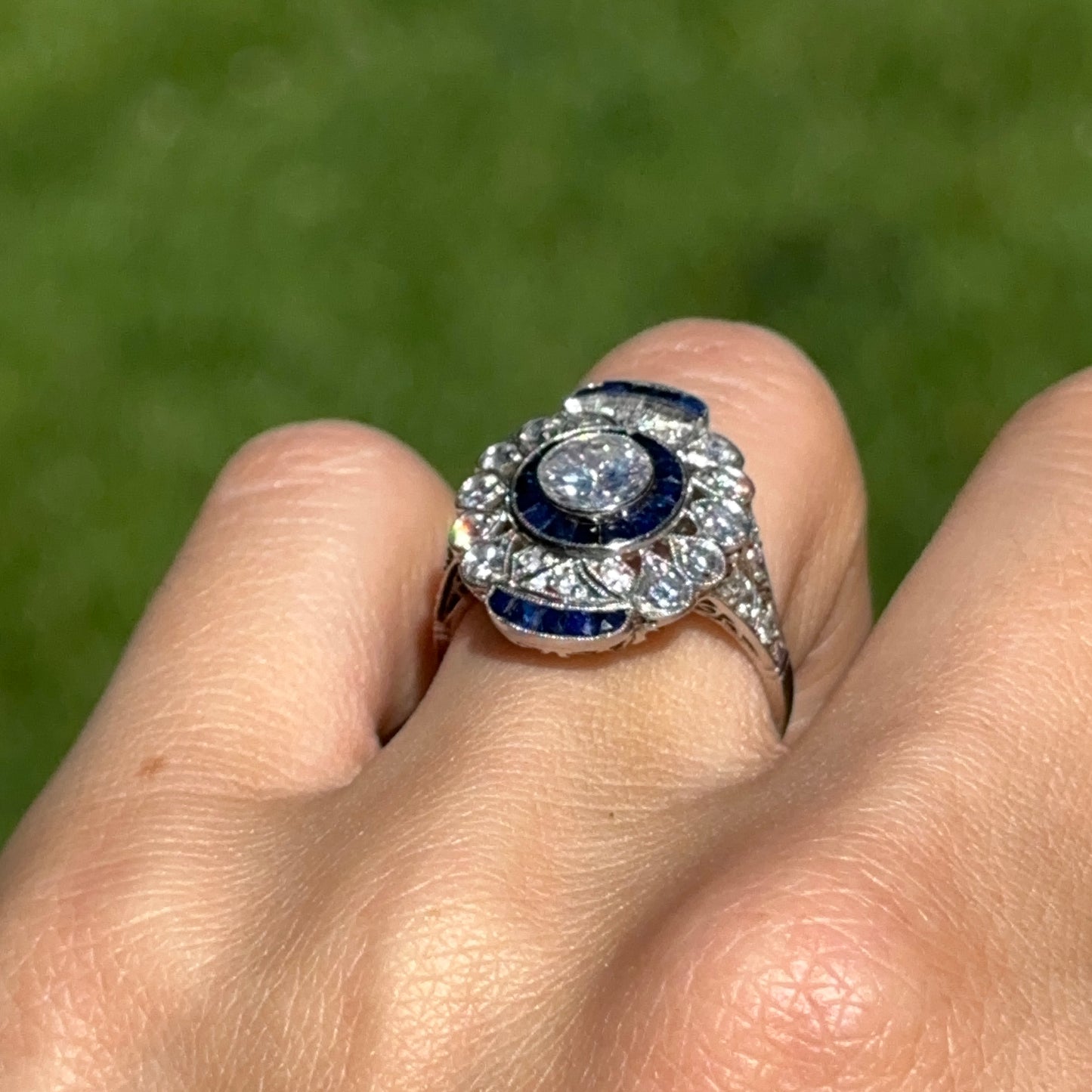 Platinum Art Deco Round Diamond + Blue Sapphire Ring