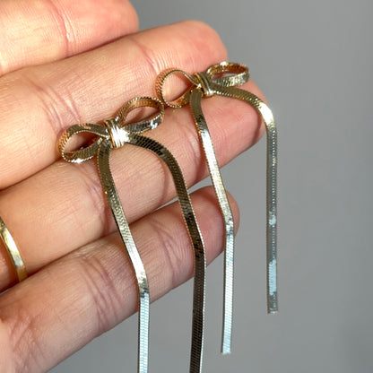 Gold-Plated Sterling Silver Snake Chain Bow Long Dangle Earrings