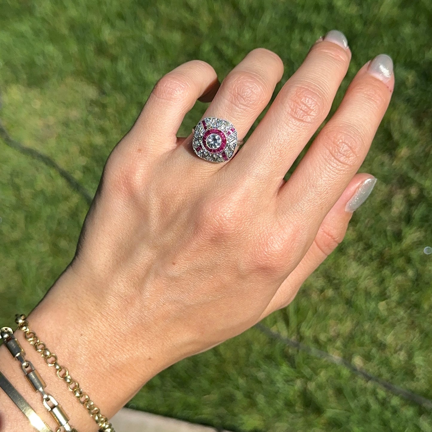 Platinum Art Deco Round Diamond + Square Ruby Ring