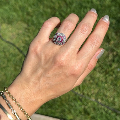 Platinum Art Deco Round Diamond + Square Ruby Ring