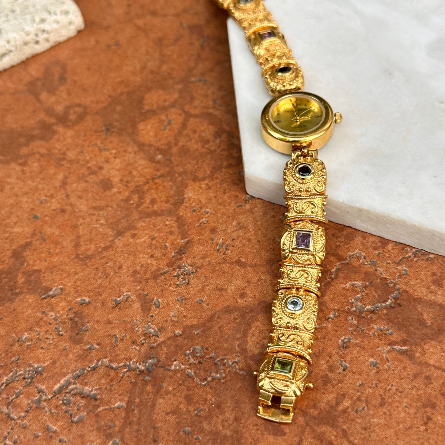 Estate 14KT Yellow Gold Sterling Silver Byzantine Link Garnet, Amethyst, Peridot, Topaz, Citrine Bracelet Watch