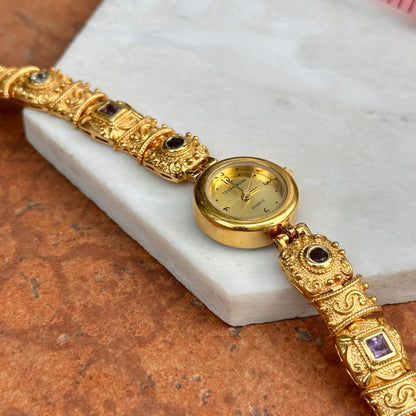 Estate 14KT Yellow Gold Sterling Silver Byzantine Link Garnet, Amethyst, Peridot, Topaz, Citrine Bracelet Watch