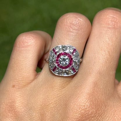Platinum Art Deco Round Diamond + Square Ruby Ring
