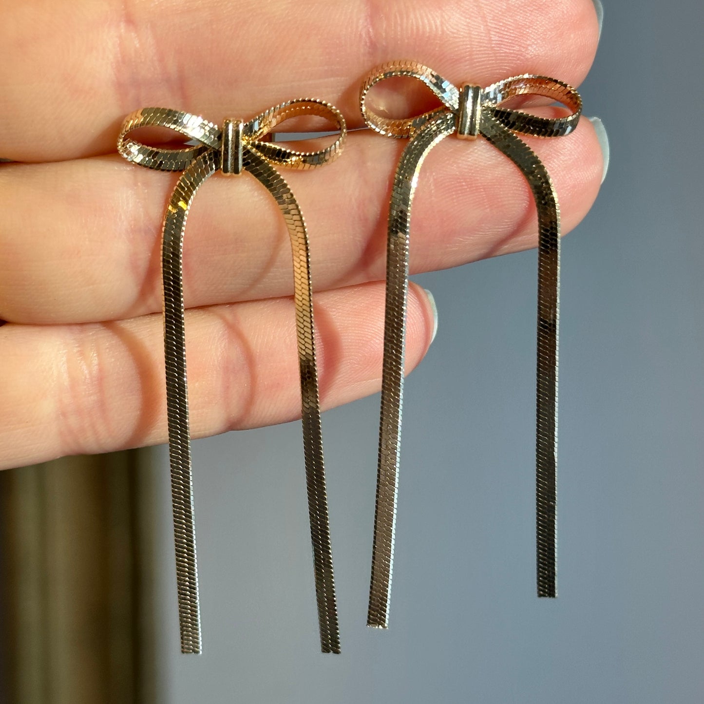 Gold-Plated Sterling Silver Snake Chain Bow Long Dangle Earrings