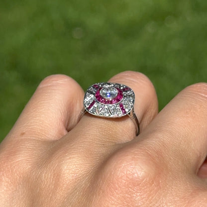 Platinum Art Deco Round Diamond + Square Ruby Ring