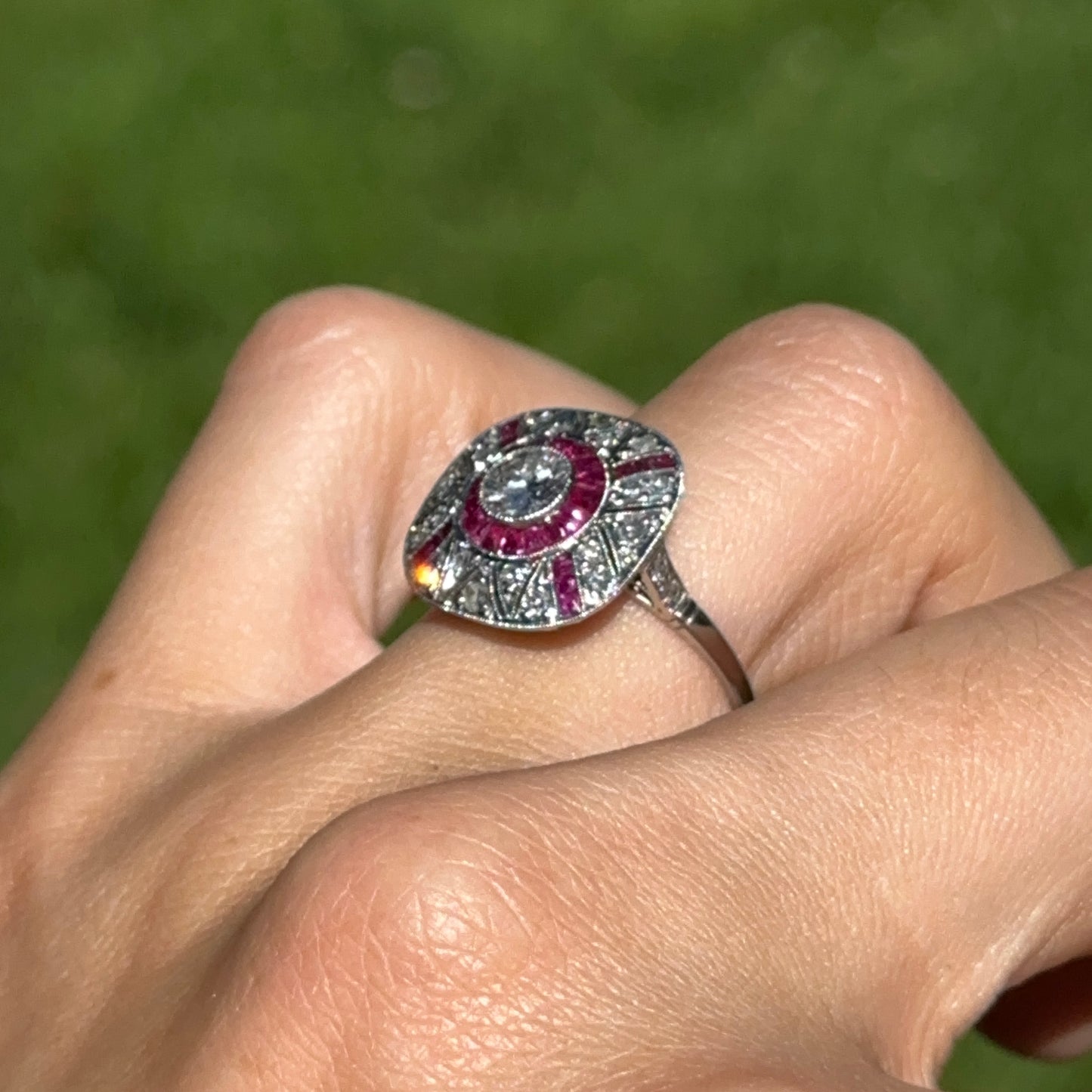 Platinum Art Deco Round Diamond + Square Ruby Ring