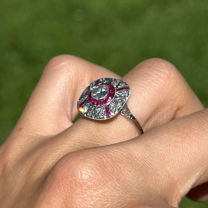 Platinum Art Deco Round Diamond + Square Ruby Ring