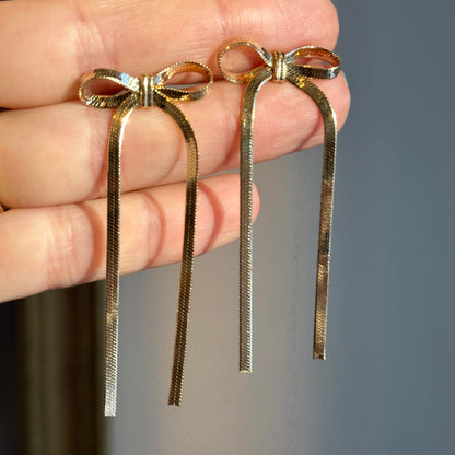 Gold-Plated Sterling Silver Snake Chain Bow Long Dangle Earrings