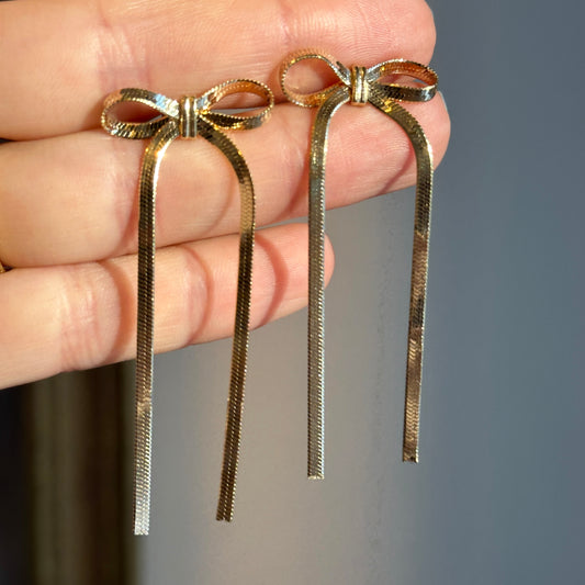 Gold Plated Sterling Silver Snake Chain Bow Long Dangle Earrings