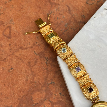 Estate 14KT Yellow Gold Sterling Silver Byzantine Link Garnet, Amethyst, Peridot, Topaz, Citrine Bracelet Watch