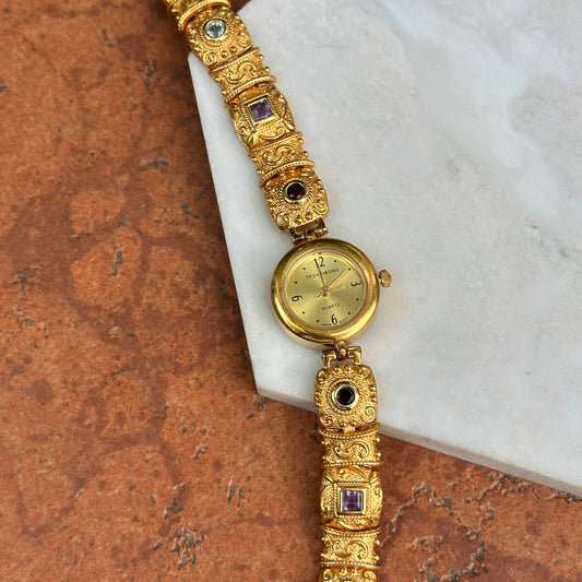 Estate 14KT Yellow Gold Sterling Silver Byzantine Link Garnet, Amethyst, Peridot, Topaz, Citrine Bracelet Watch - LSJ