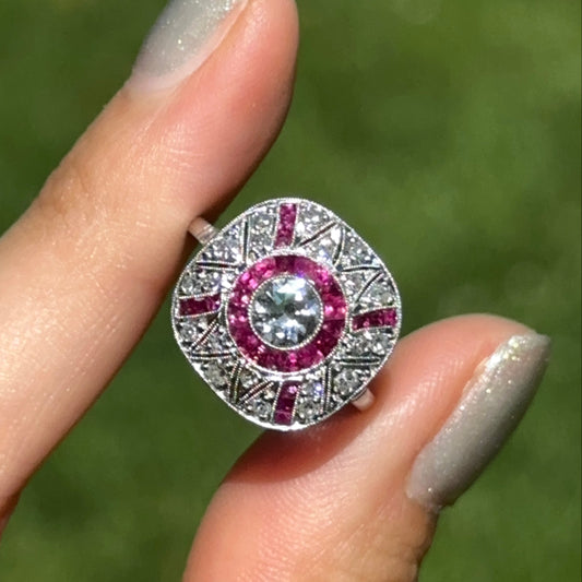Platinum Art Deco Round Diamond + Square Ruby Ring