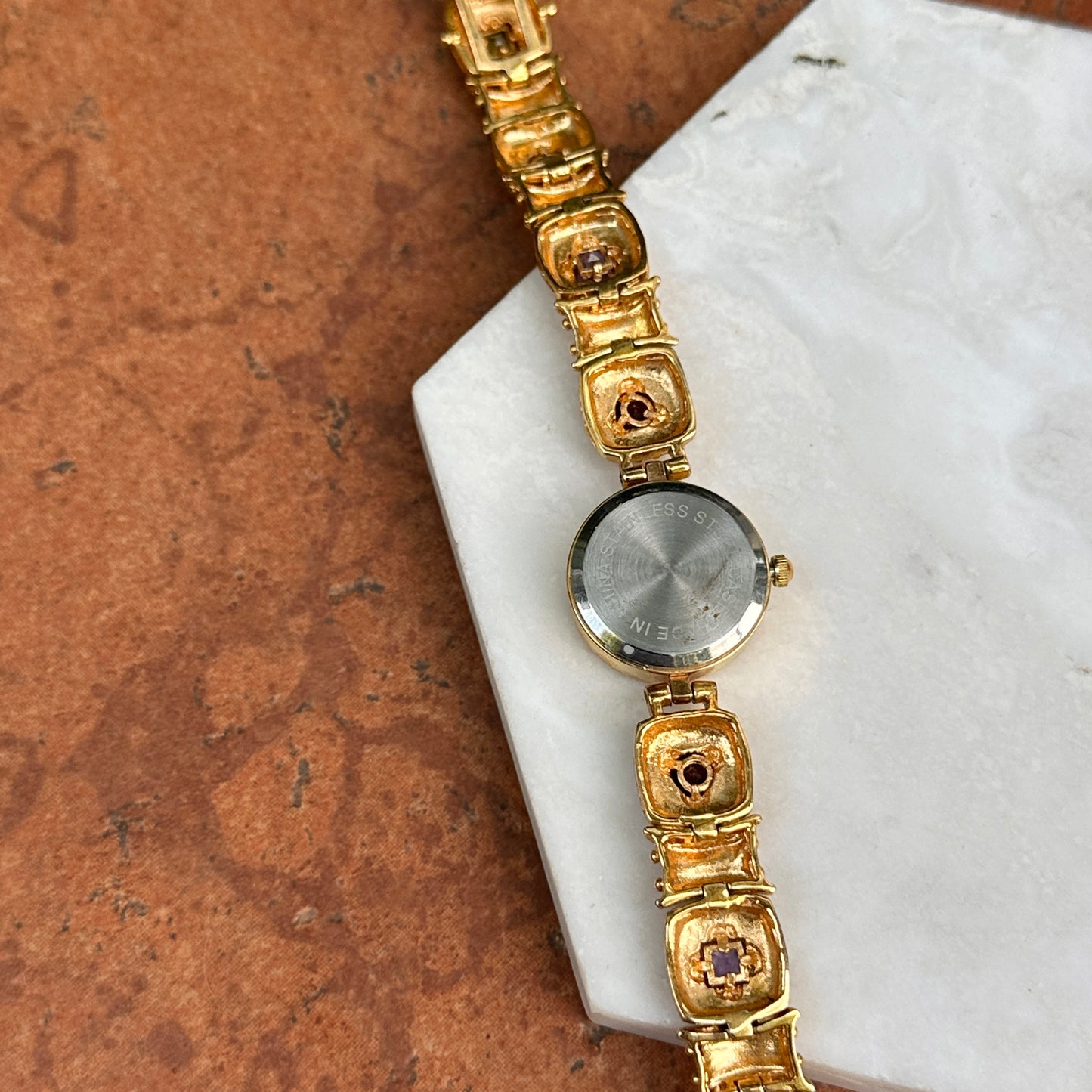 Estate 14KT Yellow Gold Sterling Silver Byzantine Link Garnet, Amethyst, Peridot, Topaz, Citrine Bracelet Watch