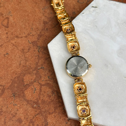 Estate 14KT Yellow Gold Sterling Silver Byzantine Link Garnet, Amethyst, Peridot, Topaz, Citrine Bracelet Watch