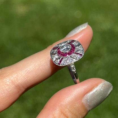 Platinum Art Deco Round Diamond + Square Ruby Ring